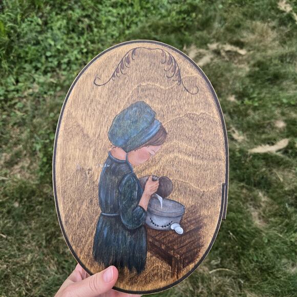 Hand Painted Folk Art Oval Wooden Box Modest Girl Cooking - Picture 1 of 12